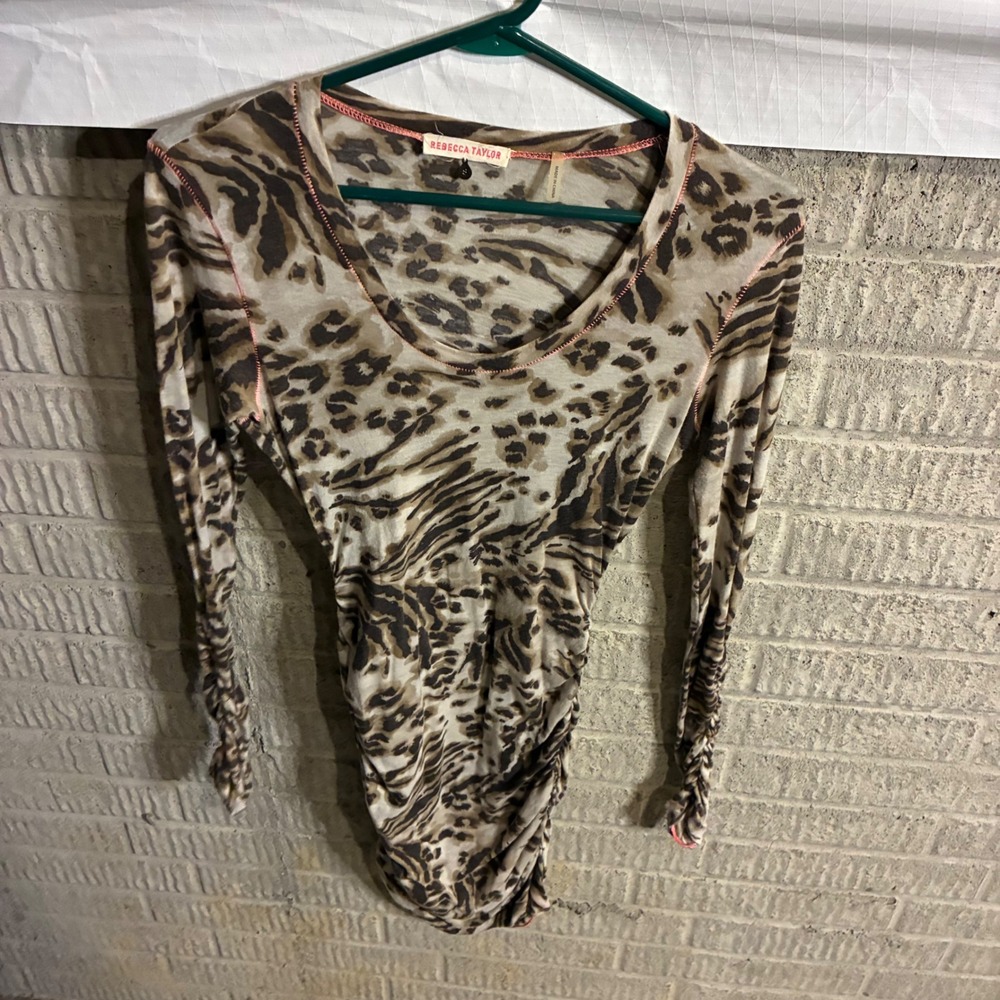 Rebecca Taylor Leopard Zebra Print Ruched Long Sleeve Swim Cover Up Size‎ S